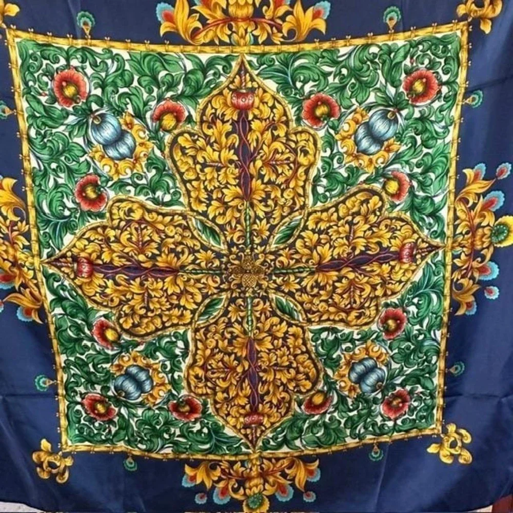 Vintage Metropolitan Museum of Art Silk Scarf Navy Baroque Medallion Floral 33in